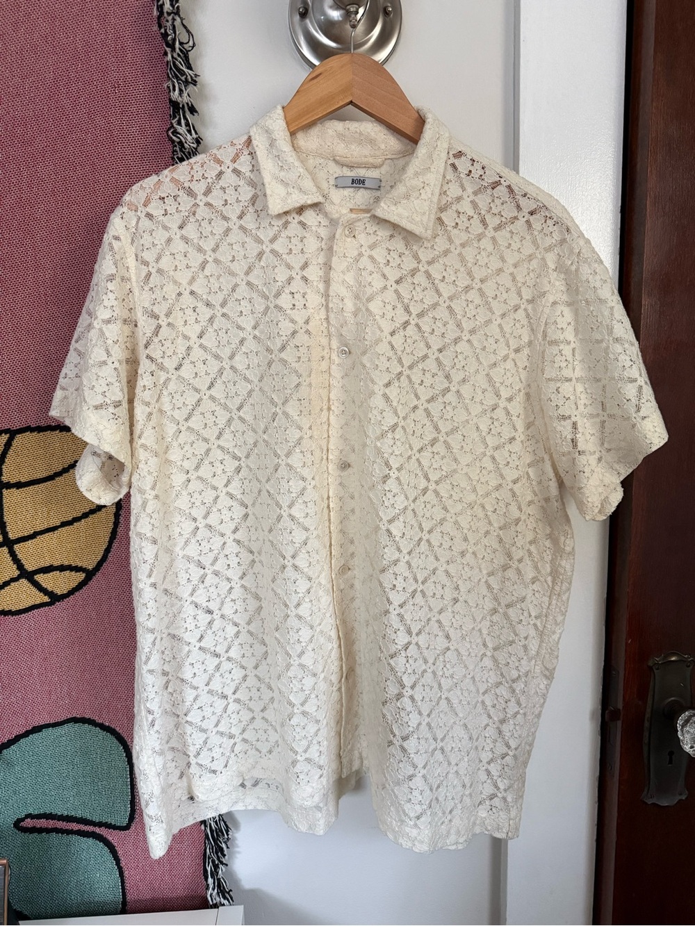 Bode Men’s Cream Short-Sleeve Lace Button-Down Shirt